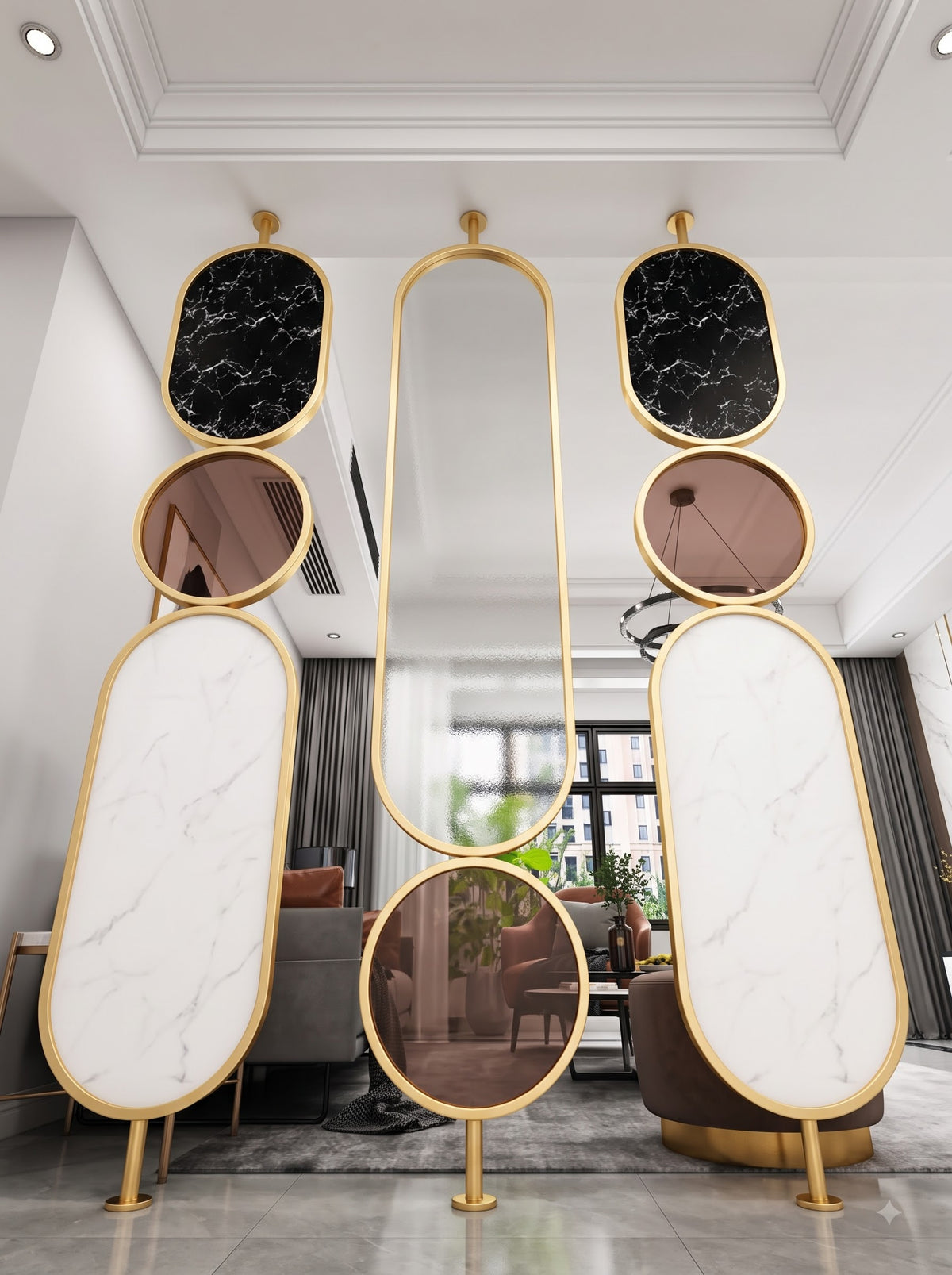 Luxury Golden Frame Marble & Textured Glass Decorative Room Divider – Modern Designer Partition