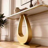 Luxury Gold Console Table with White Marble-Look Top and Sculptural Teardrop Pedestal Base – Modern Designer Entryway Table for Living Room, Hallway, Foyer and Elegant Home Decor
