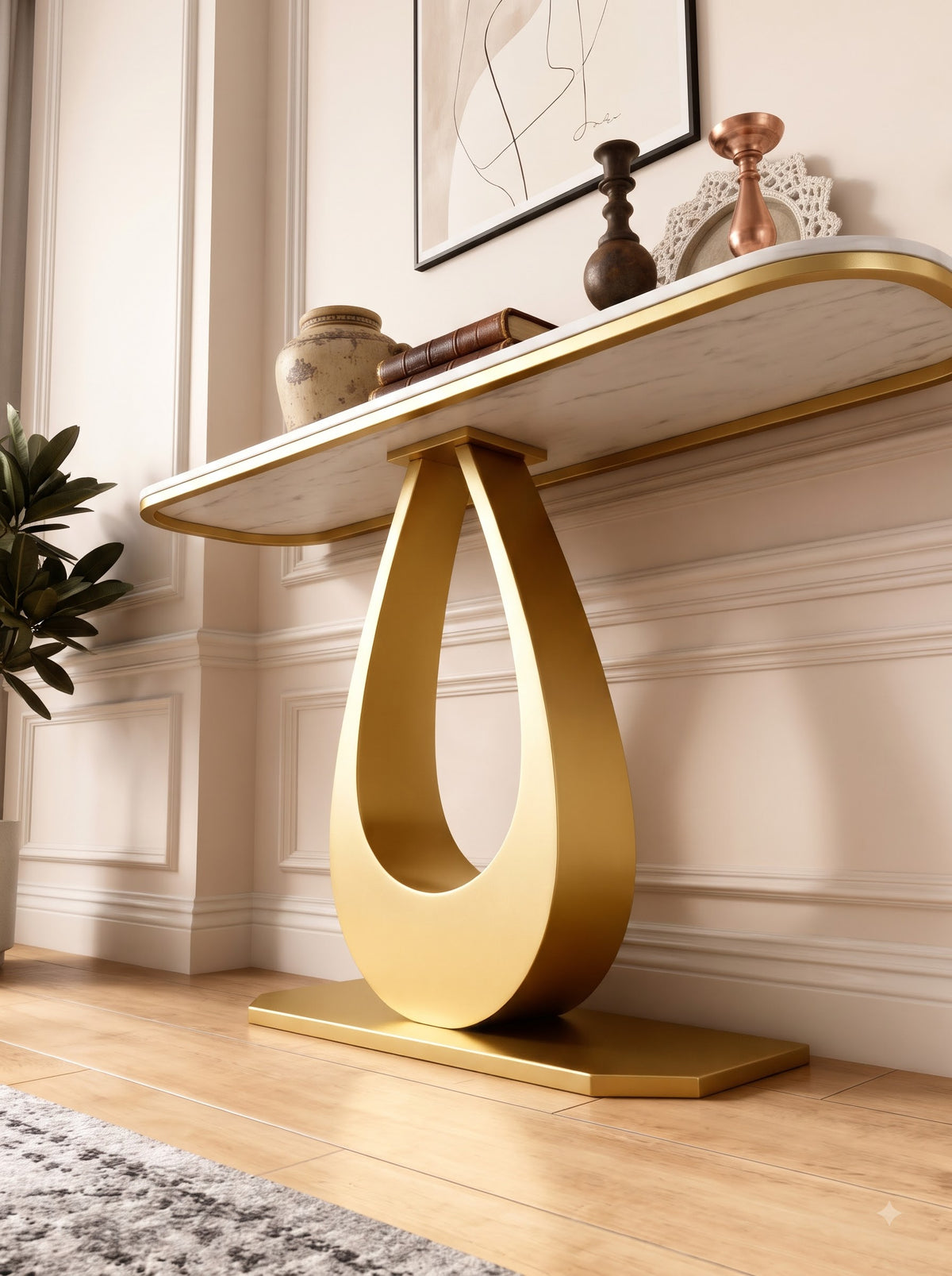 Luxury Gold Console Table with White Marble-Look Top and Sculptural Teardrop Pedestal Base – Modern Designer Entryway Table for Living Room, Hallway, Foyer and Elegant Home Decor