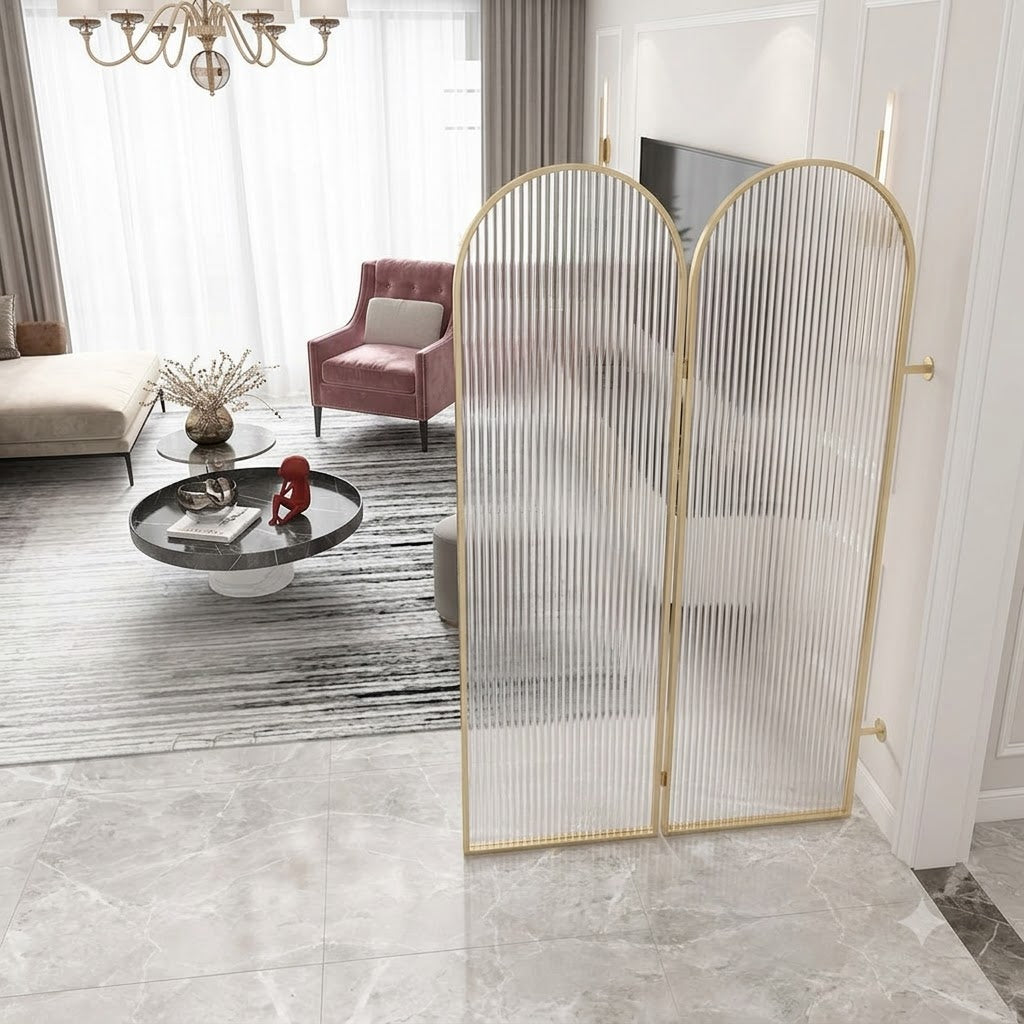 Luxury Golden Arched Fluted Glass Room Divider – Modern Decorative Partition Screen