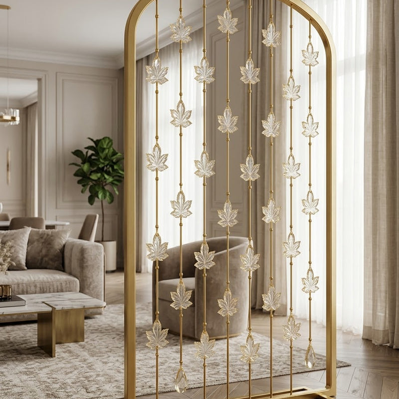 Luxury Golden Arch Room Divider with Decorative Leaf Charms – Elegant Metal Frame Partition for Modern Interiors