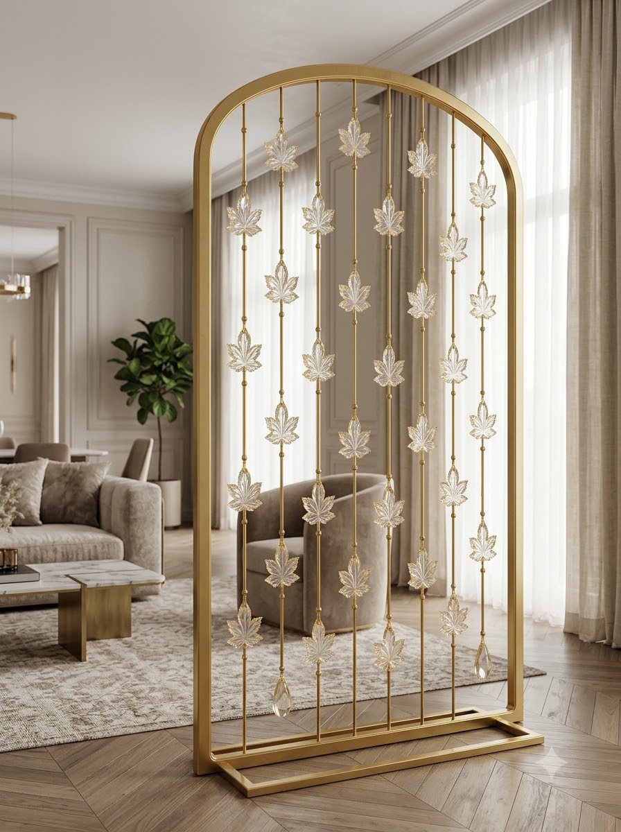 Luxury Golden Arch Room Divider with Decorative Leaf Charms – Elegant Metal Frame Partition for Modern Interiors