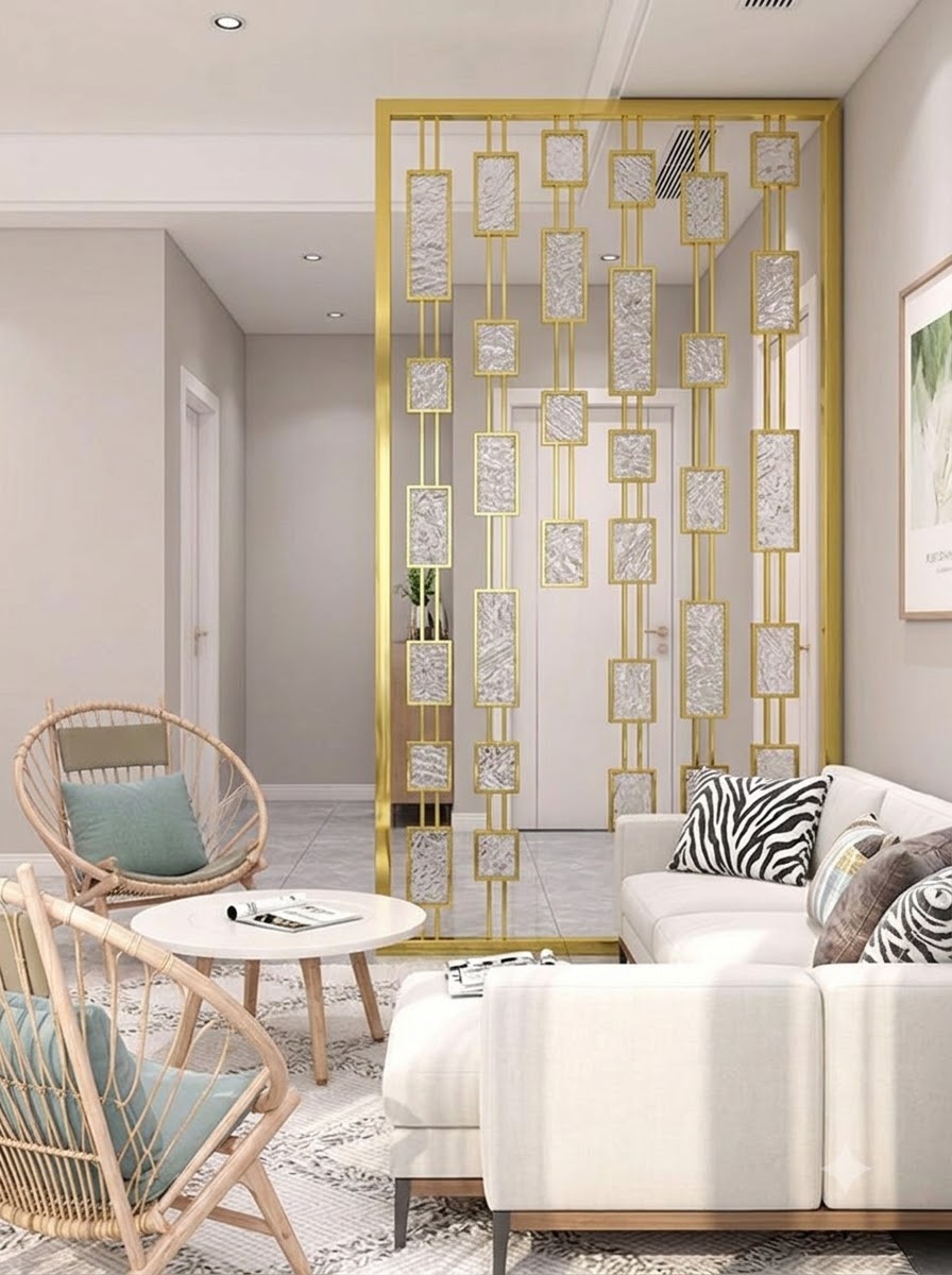 Luxury Golden Geometric Room Divider with Textured Marble Panels – Modern Decorative Partition | Kraft Vision