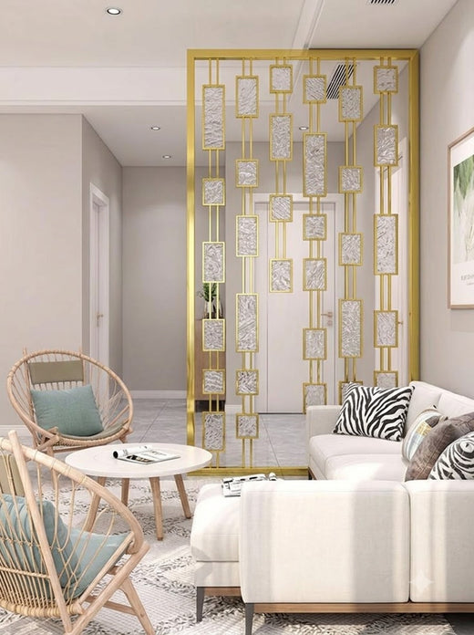 Luxury Golden Geometric Room Divider with Textured Marble Panels – Modern Decorative Partition | Kraft Vision