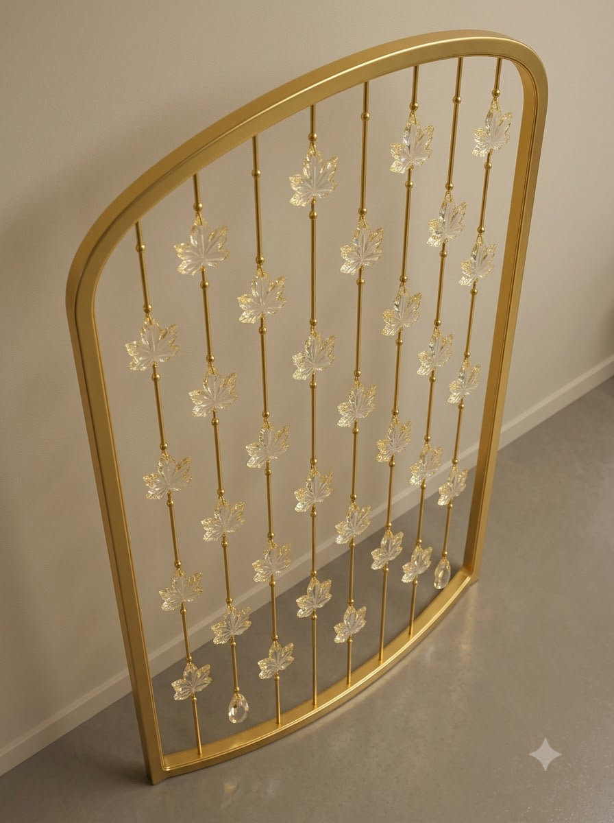 Luxury Golden Arch Room Divider with Decorative Leaf Charms – Elegant Metal Frame Partition for Modern Interiors