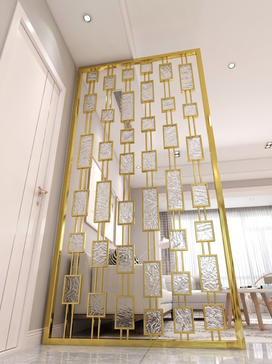 Luxury Golden Geometric Room Divider with Textured Marble Panels – Modern Decorative Partition | Kraft Vision