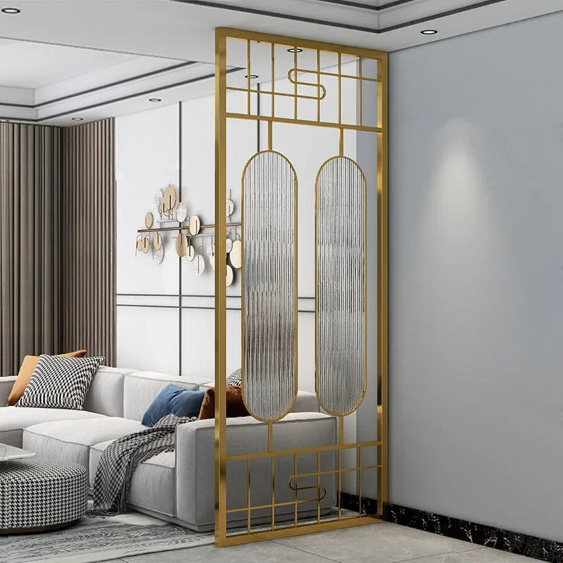 Luxury Art Deco Golden Frame Glass Partition - gold-finished metal Room Divider for living room - view 1 | Kraft Vision