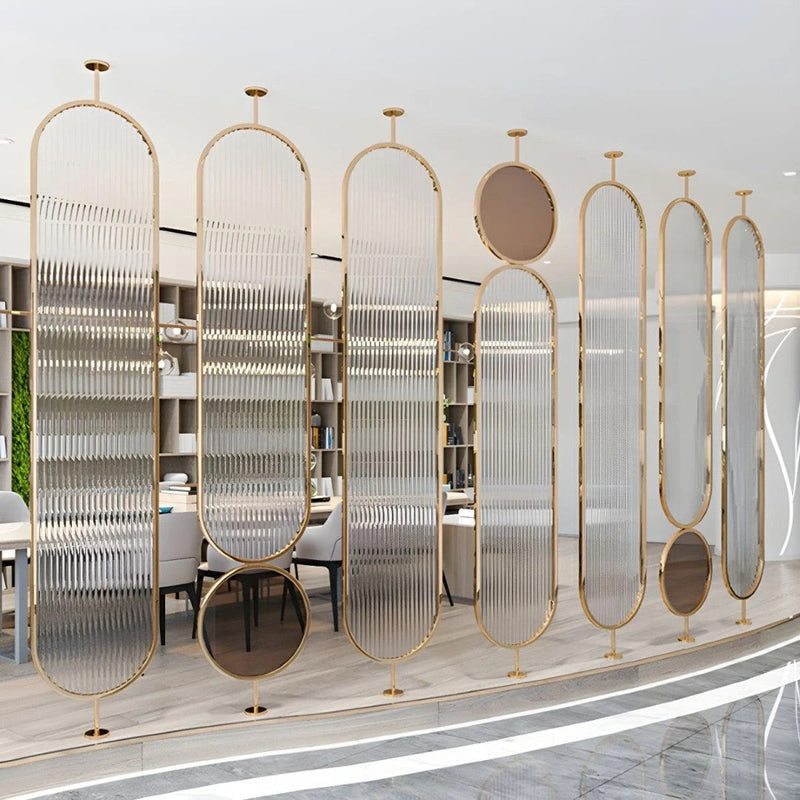 Luxury Golden Frame Room Divider with Ribbed Glass & Mirror Accents - gold-finished metal Room Divider for entryway or bedroom - view 1 | Kraft Vision