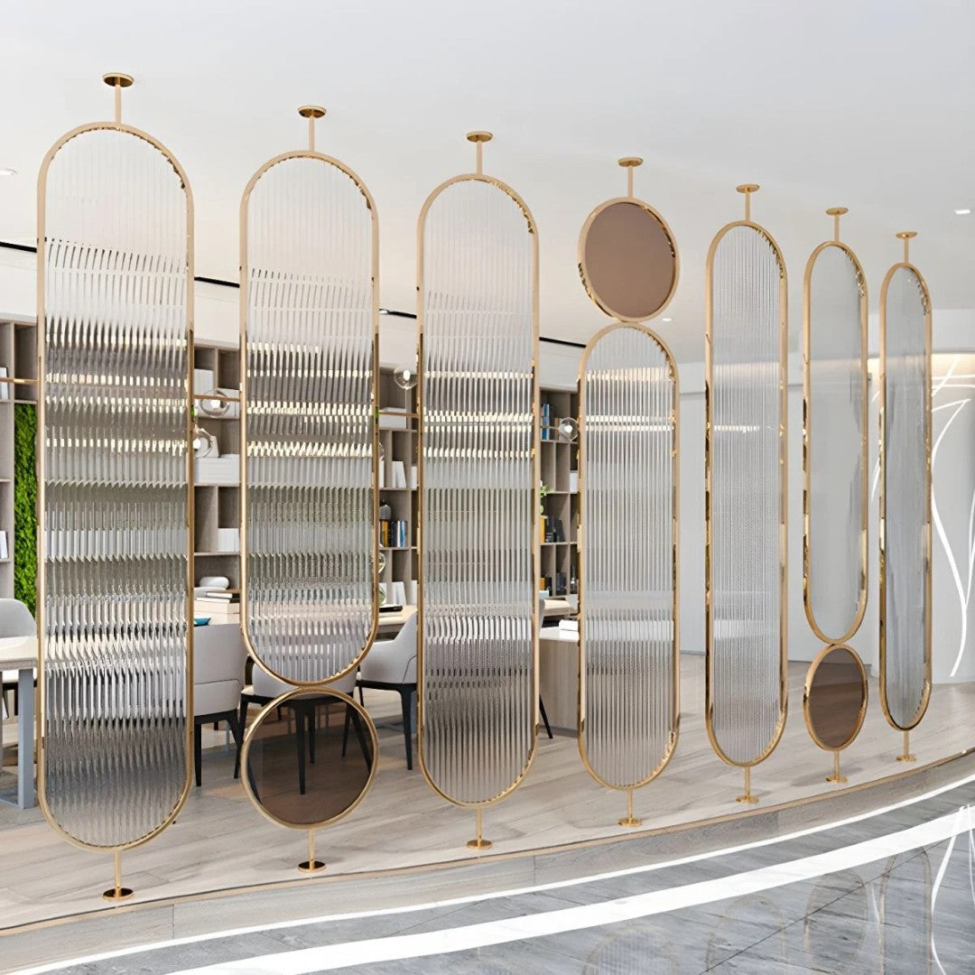 Luxury Golden Frame Room Divider with Ribbed Glass & Mirror Accents