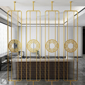 Luxury Golden Metal & Blue Glass Room Divider with Ornamental Circle Design - gold-finished metal Room Divider for living room - view 3 | Kraft Vision