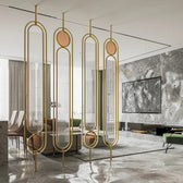 Luxury Art-Deco Partition – Gold Frame with Ribbed Glass & Circular Accents - gold-finished metal Room Divider for living room - view 3 | Kraft Vision