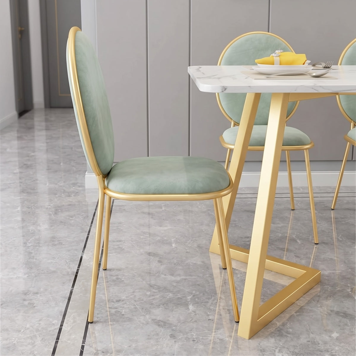 Luxury White Marble Dining Table with Gold Geometric Legs and Sage Green Chairs