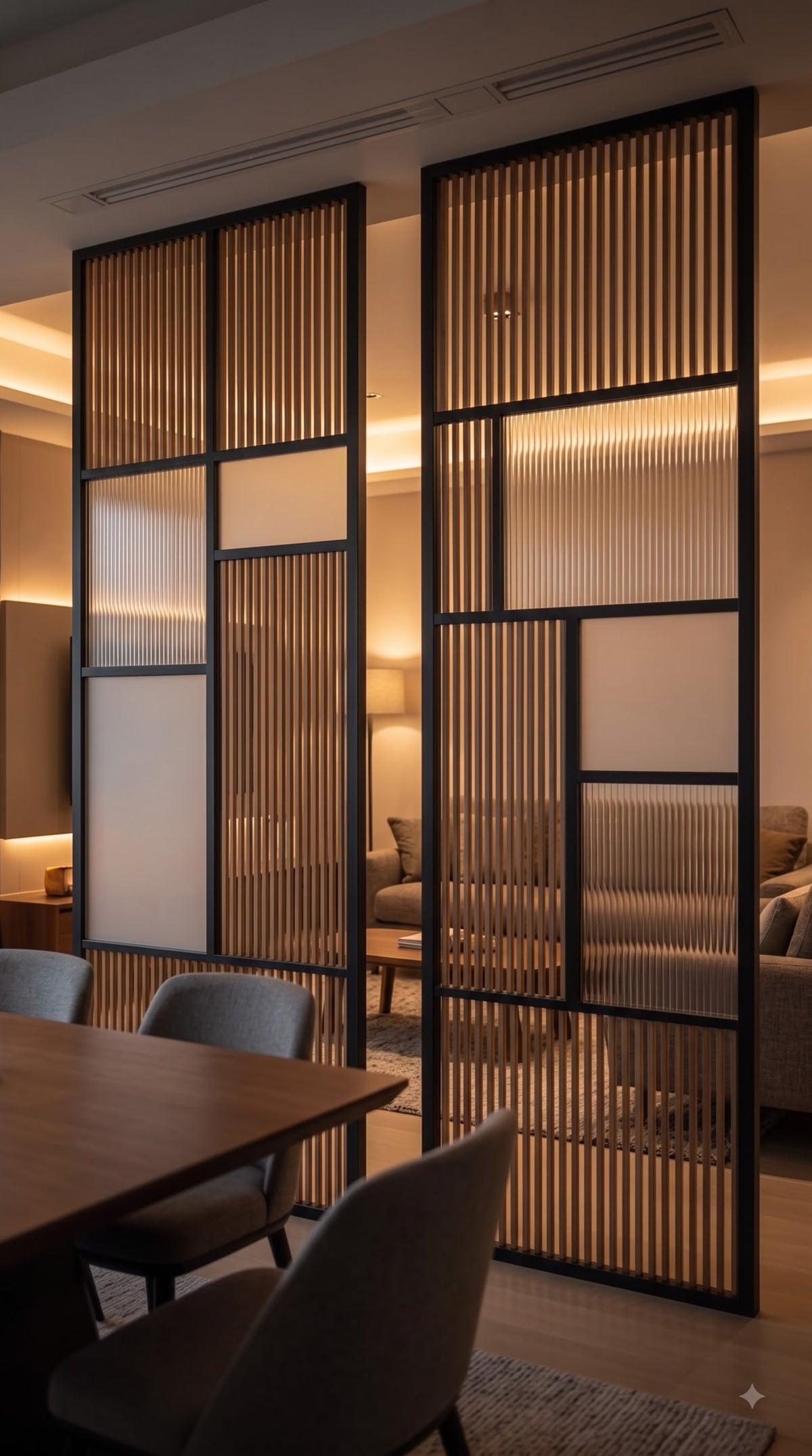 Modern Black Frame Wooden Slat Room Divider with Frosted Glass Panels – Luxury Geometric Interior Partition