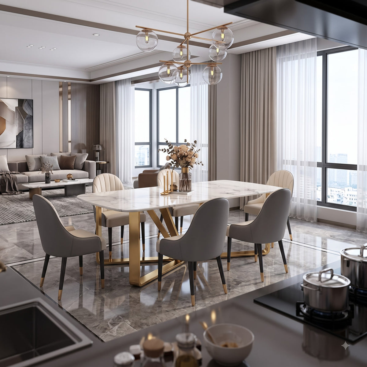 Luxury White Marble Dining Table with Gold Metal Base & Upholstered Chairs