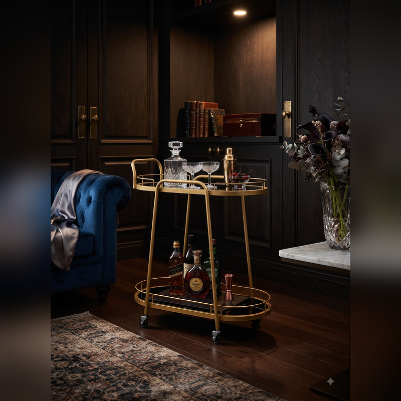 Minimalist Gold Serving Cart with Dual-Tier Glass Shelves