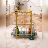Elite Gold Oval Bar Cart with Triple Tier Display & Rolling Wheels