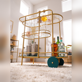 Elite Gold Oval Bar Cart with Triple Tier Display & Rolling Wheels