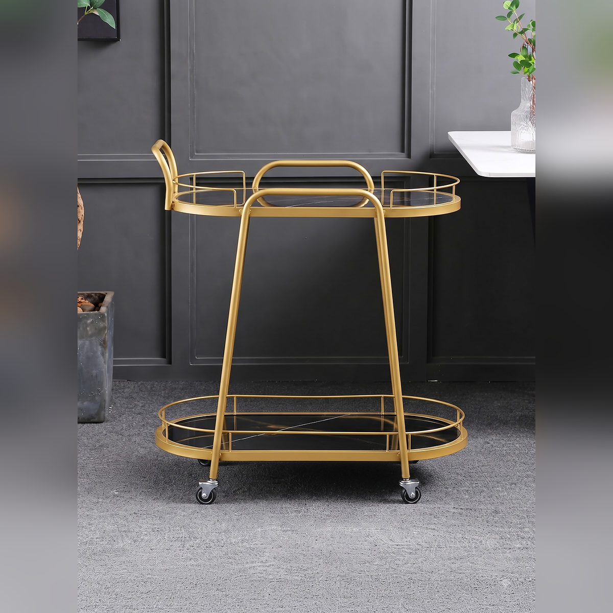 Minimalist Gold Serving Cart with Dual-Tier Glass Shelves