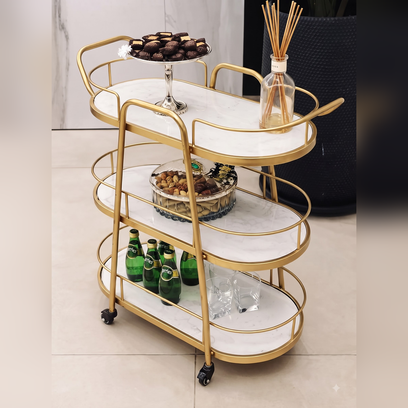 Modern Gold 3-Tier Marble Bar Cart with Rolling Casters