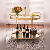 Vintage-Inspired Gold Bar Cart with Dual Shelves & Wine Holder