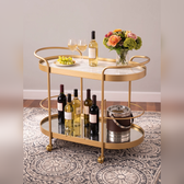 Vintage-Inspired Gold Bar Cart with Dual Shelves & Wine Holder
