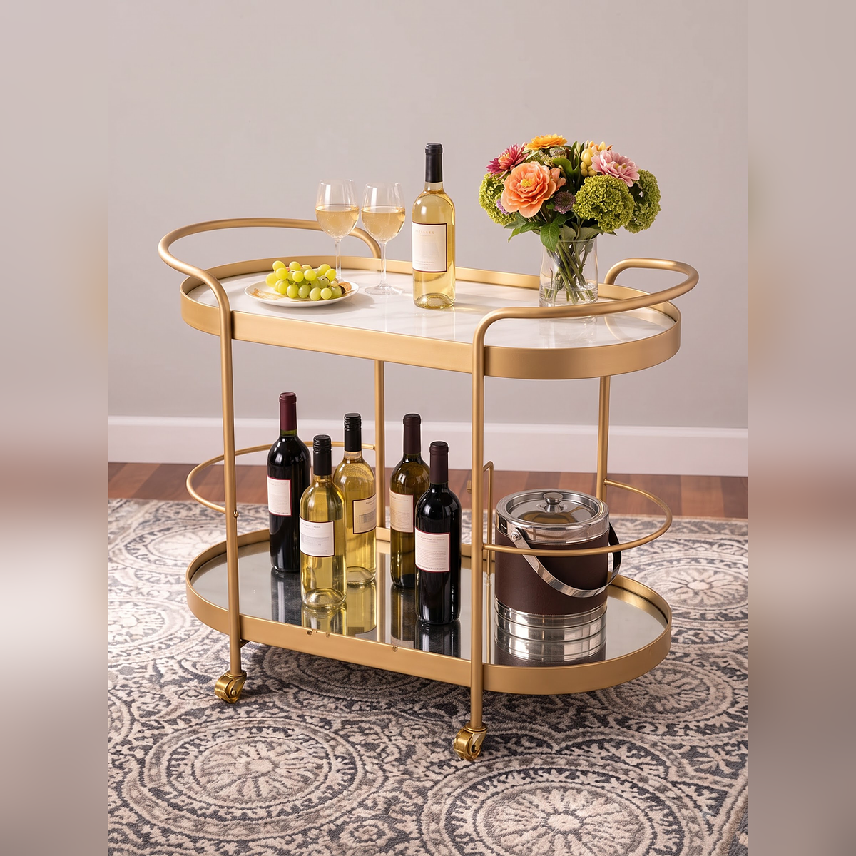 Vintage-Inspired Gold Bar Cart with Dual Shelves & Wine Holder