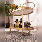 Vintage-Inspired Gold Bar Cart with Dual Shelves & Wine Holder