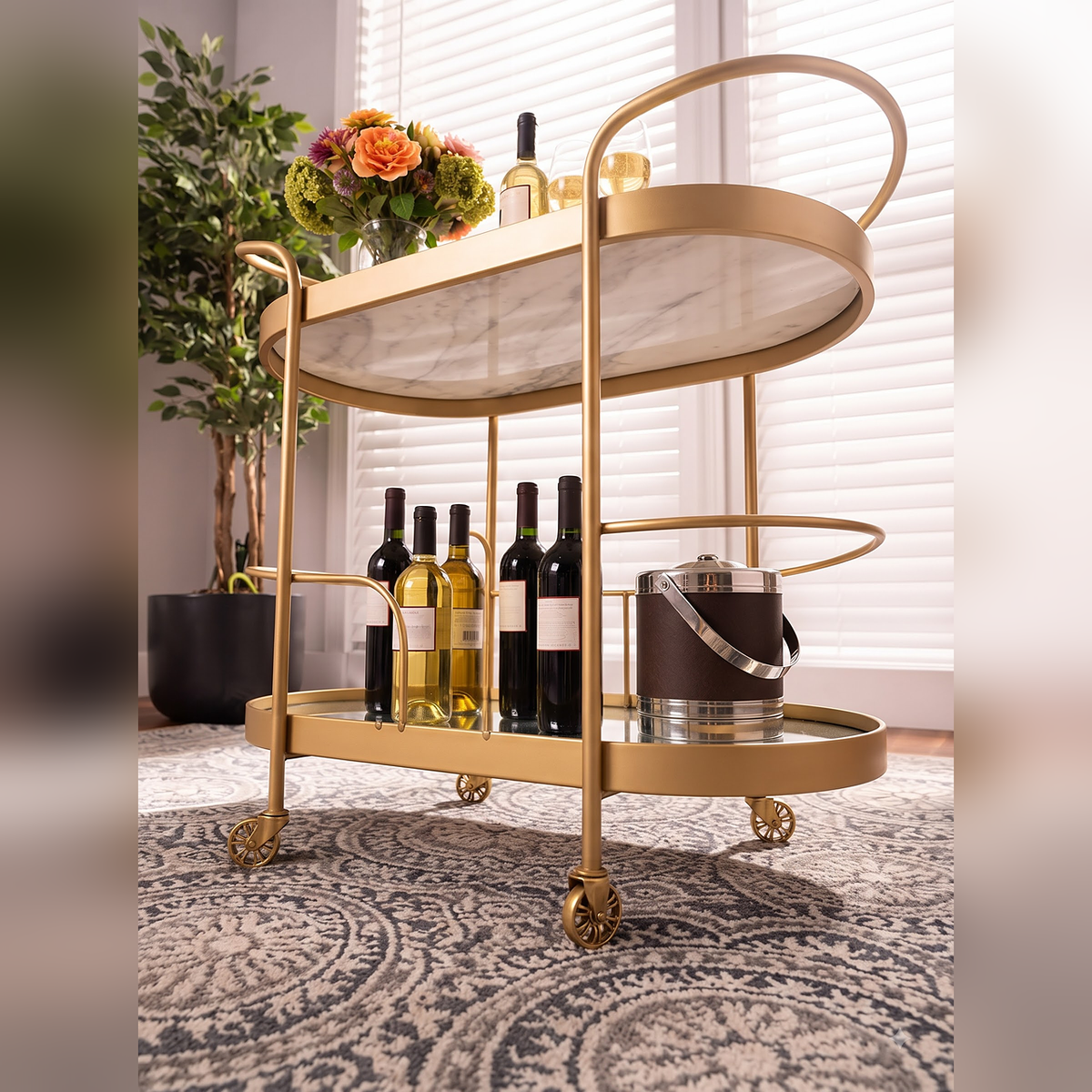 Vintage-Inspired Gold Bar Cart with Dual Shelves & Wine Holder