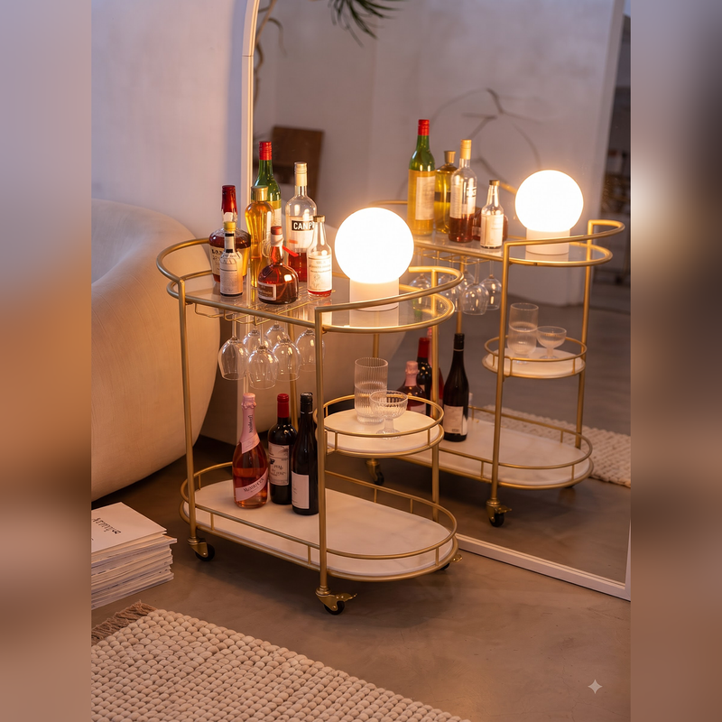 Luxury Gold Rolling Bar Cart with Marble Shelves & Glass Holder
