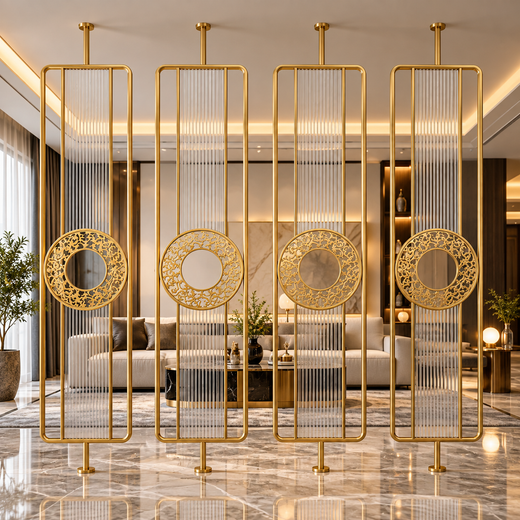 Luxury Golden Metal & Blue Glass Room Divider with Ornamental Circle Design