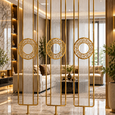Luxury Golden Metal & Blue Glass Room Divider with Ornamental Circle Design