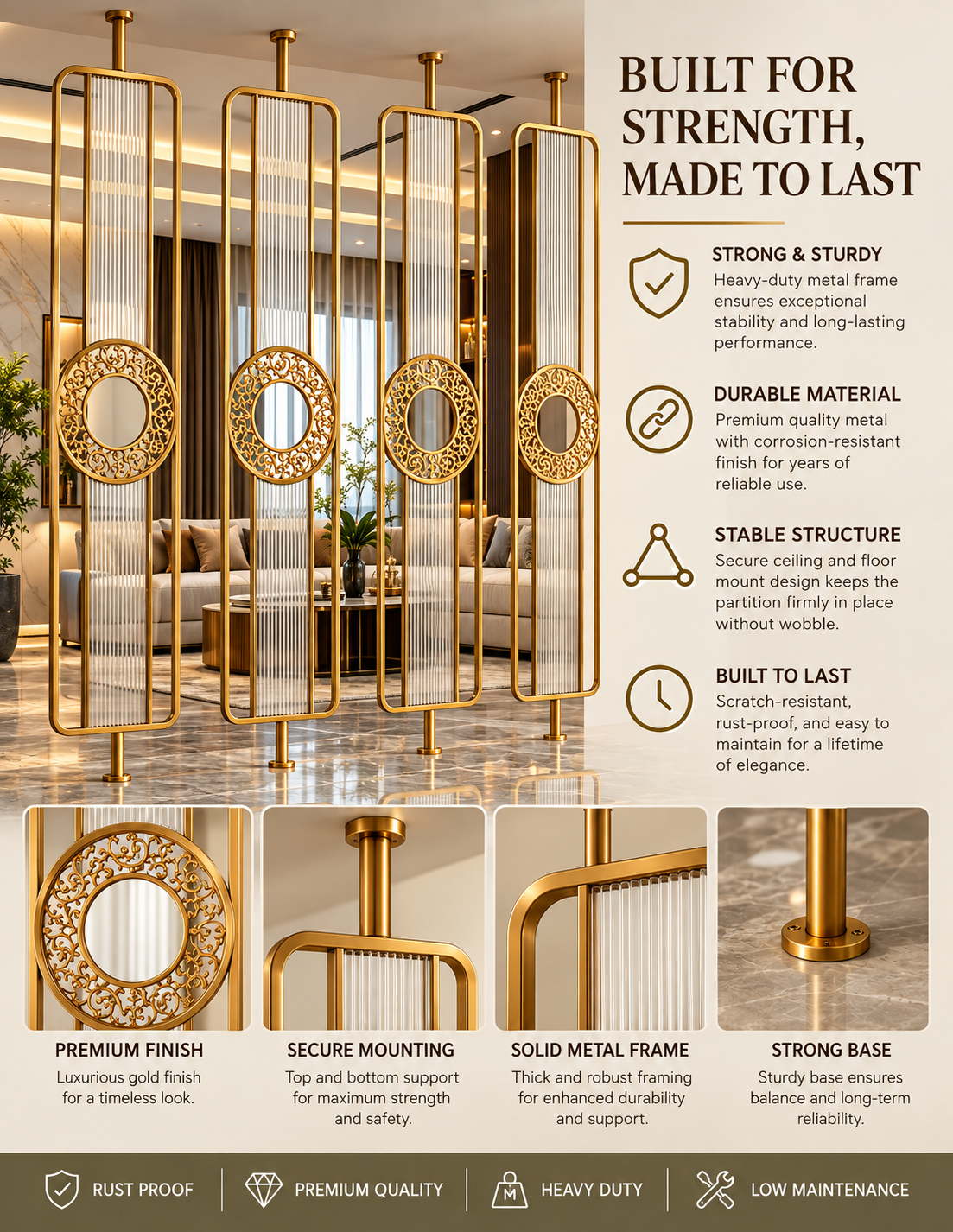 Luxury Golden Metal & Blue Glass Room Divider with Ornamental Circle Design