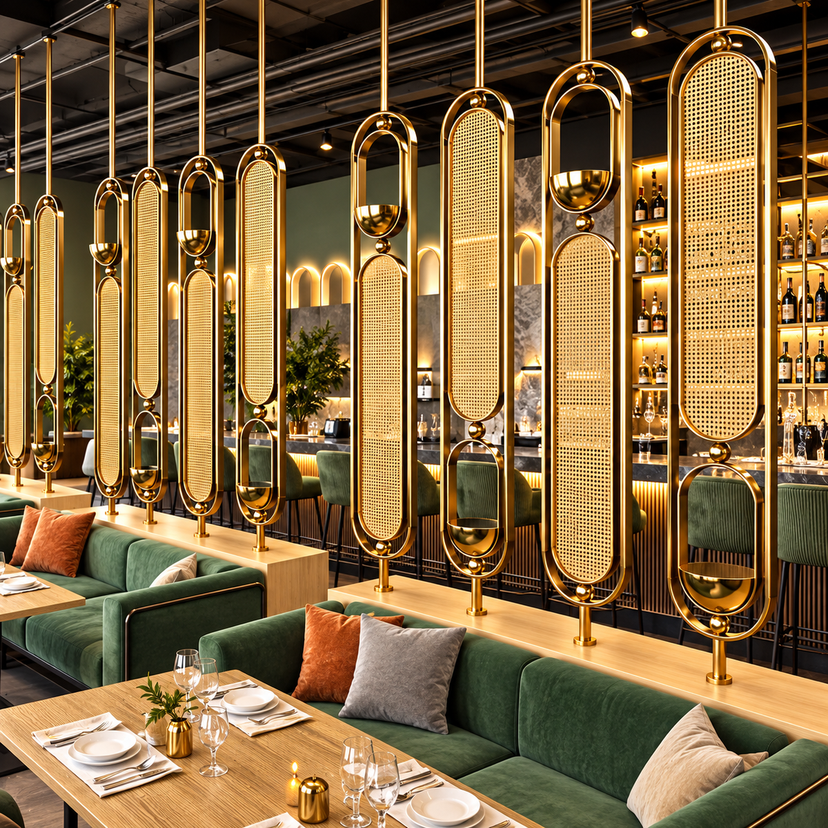 Luxury Golden Metal Room Divider with Woven Cane Design – Modern Partition Panel