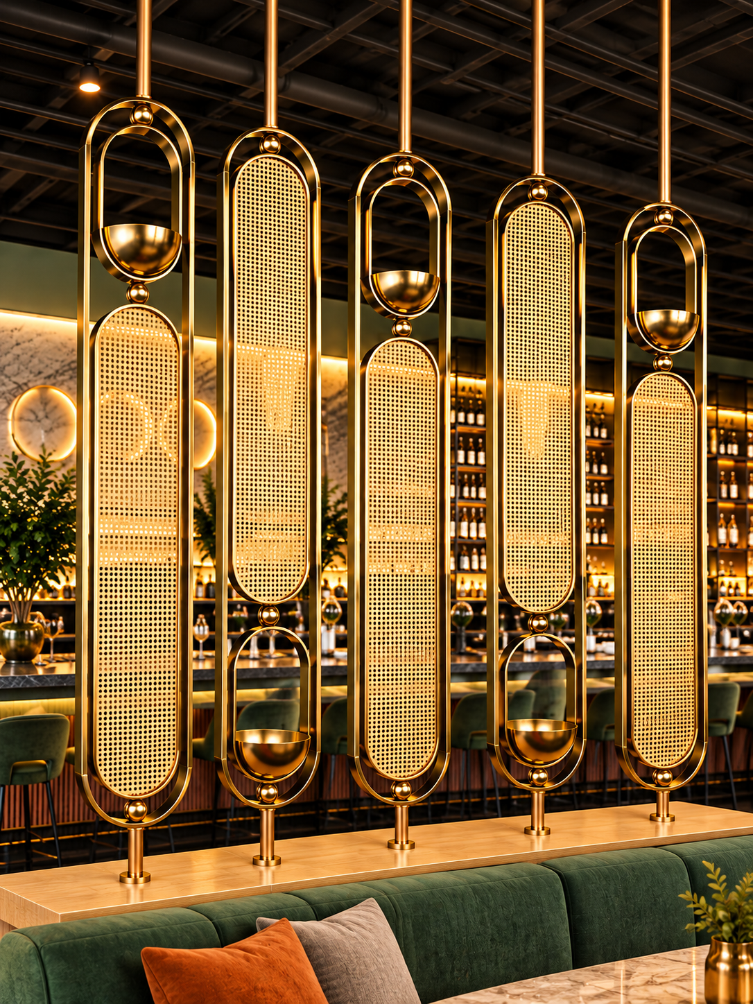 Luxury Golden Metal Room Divider with Woven Cane Design – Modern Partition Panel