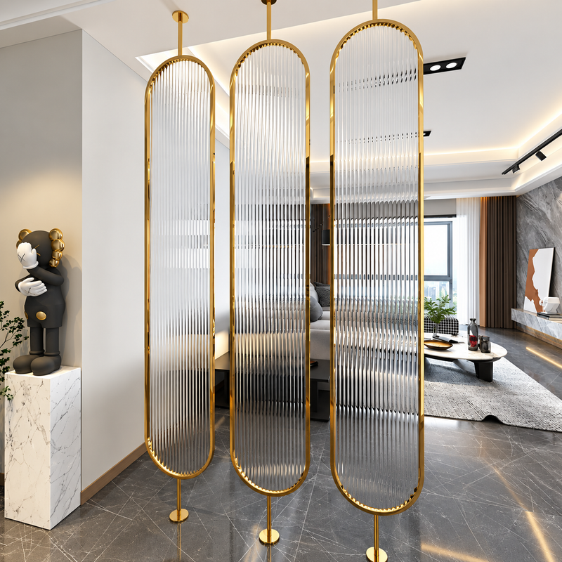 Luxury Golden Frame Room Divider with Frosted Ribbed Glass Panels