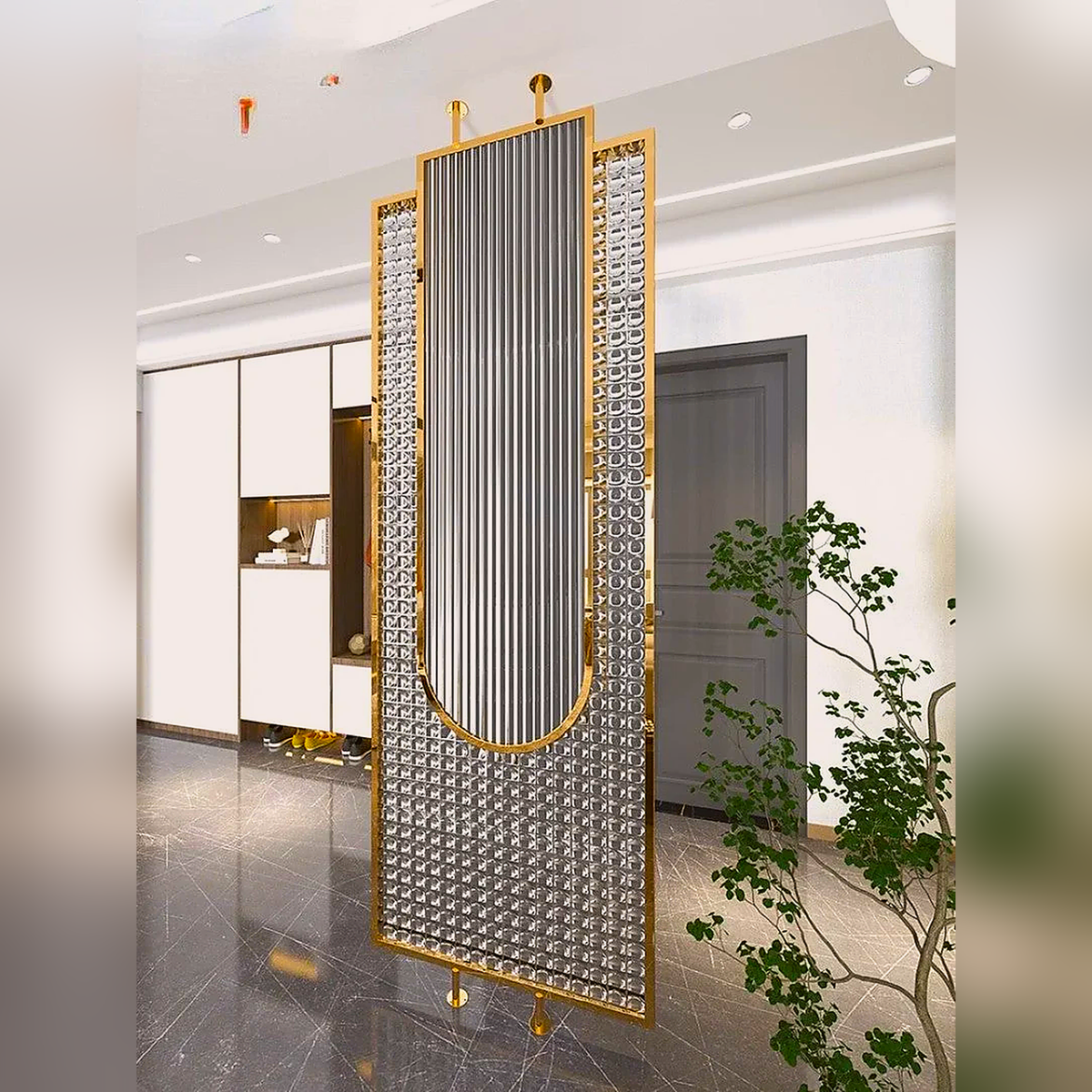 Luxury Golden Frame Ribbed & Crystal Glass Room Divider