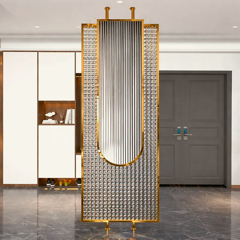 Luxury Golden Frame Ribbed & Crystal Glass Room Divider