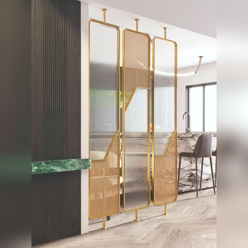 Luxury Fusion Partition – Ribbed Glass & Rattan Cane Design