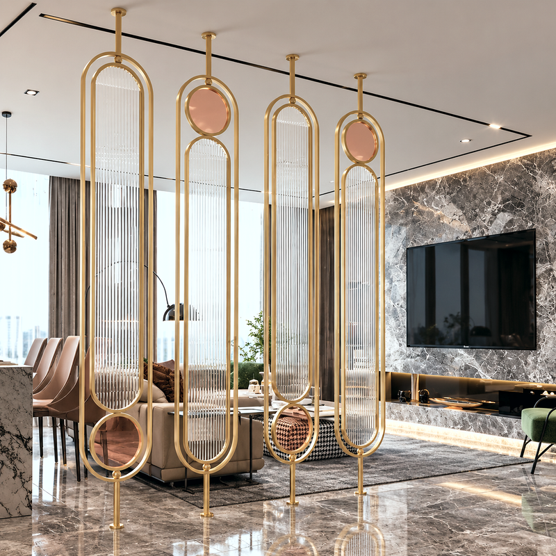 Luxury Art-Deco Partition – Gold Frame with Ribbed Glass & Circular Accents
