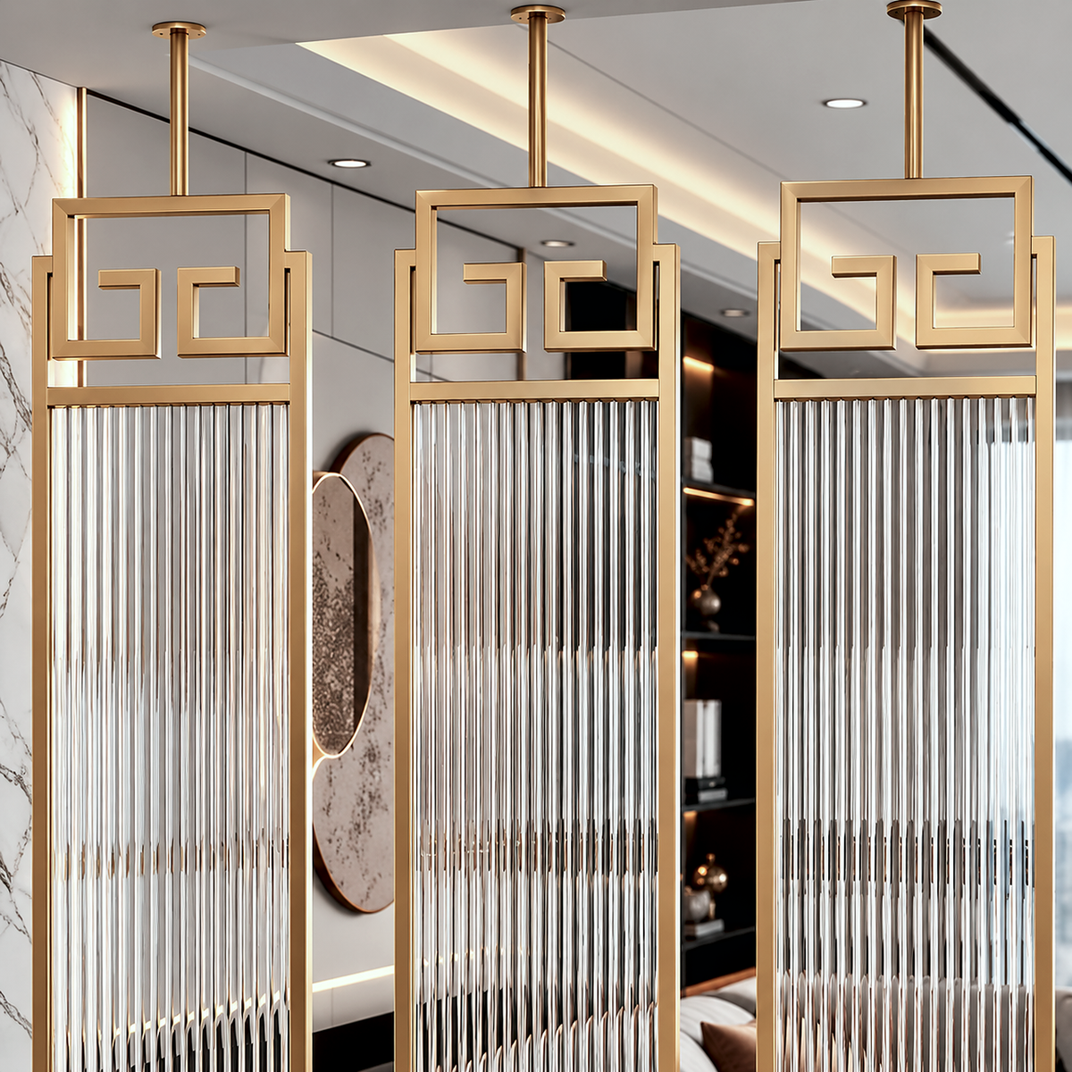 Luxury Gold Partition with Fluted Glass & Greek Key Design