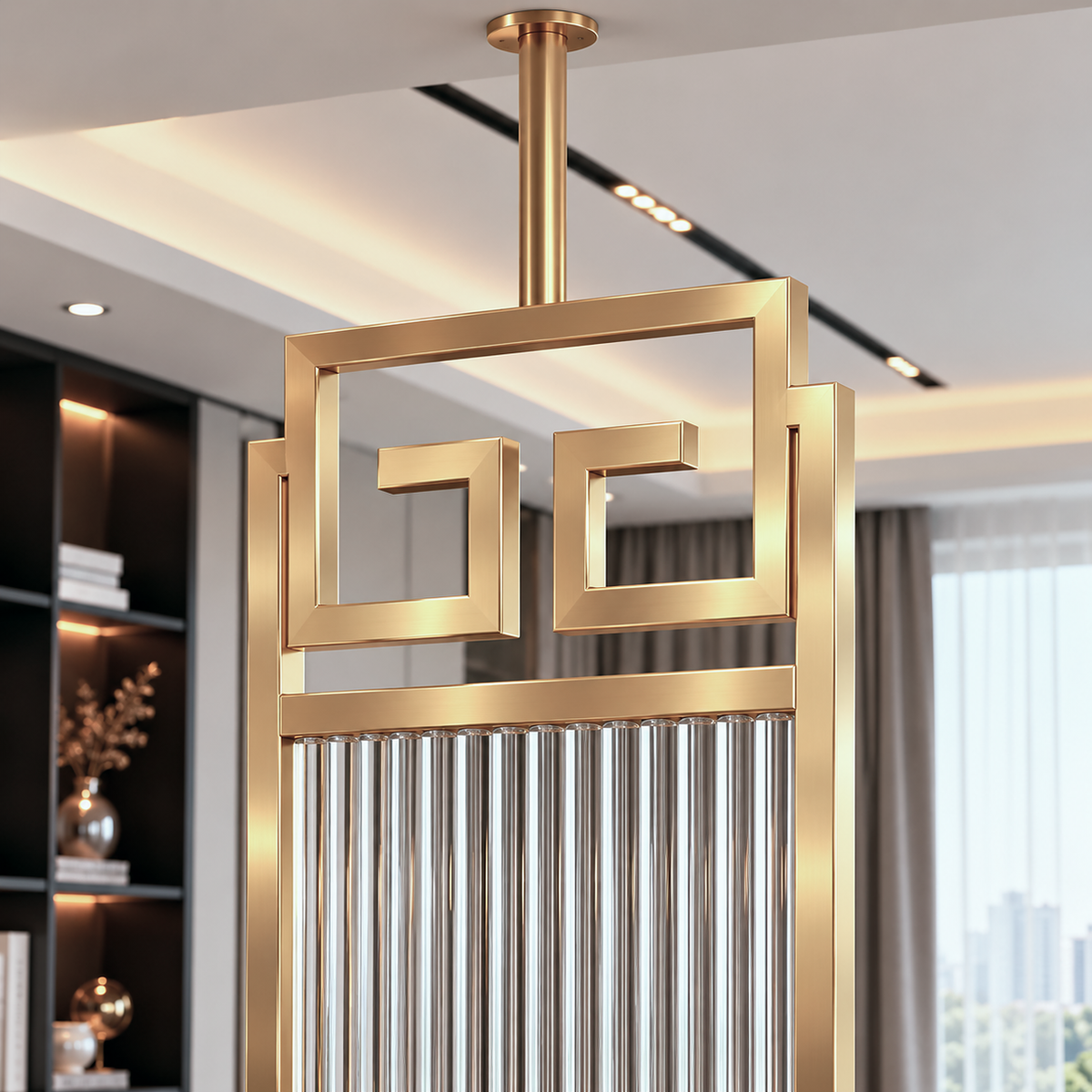 Luxury Gold Partition with Fluted Glass & Greek Key Design