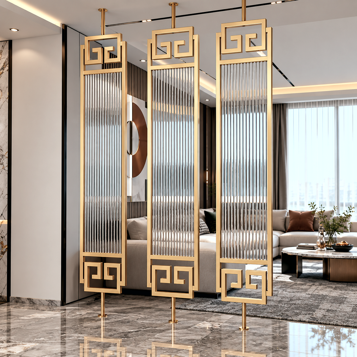 Luxury Gold Partition with Fluted Glass & Greek Key Design