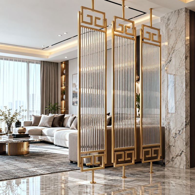 Luxury Gold Partition with Fluted Glass & Greek Key Design