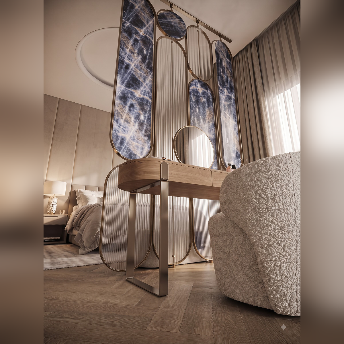 Luxury Blue Marble & Gold Frame Decorative Room Divider – Modern Designer Partition