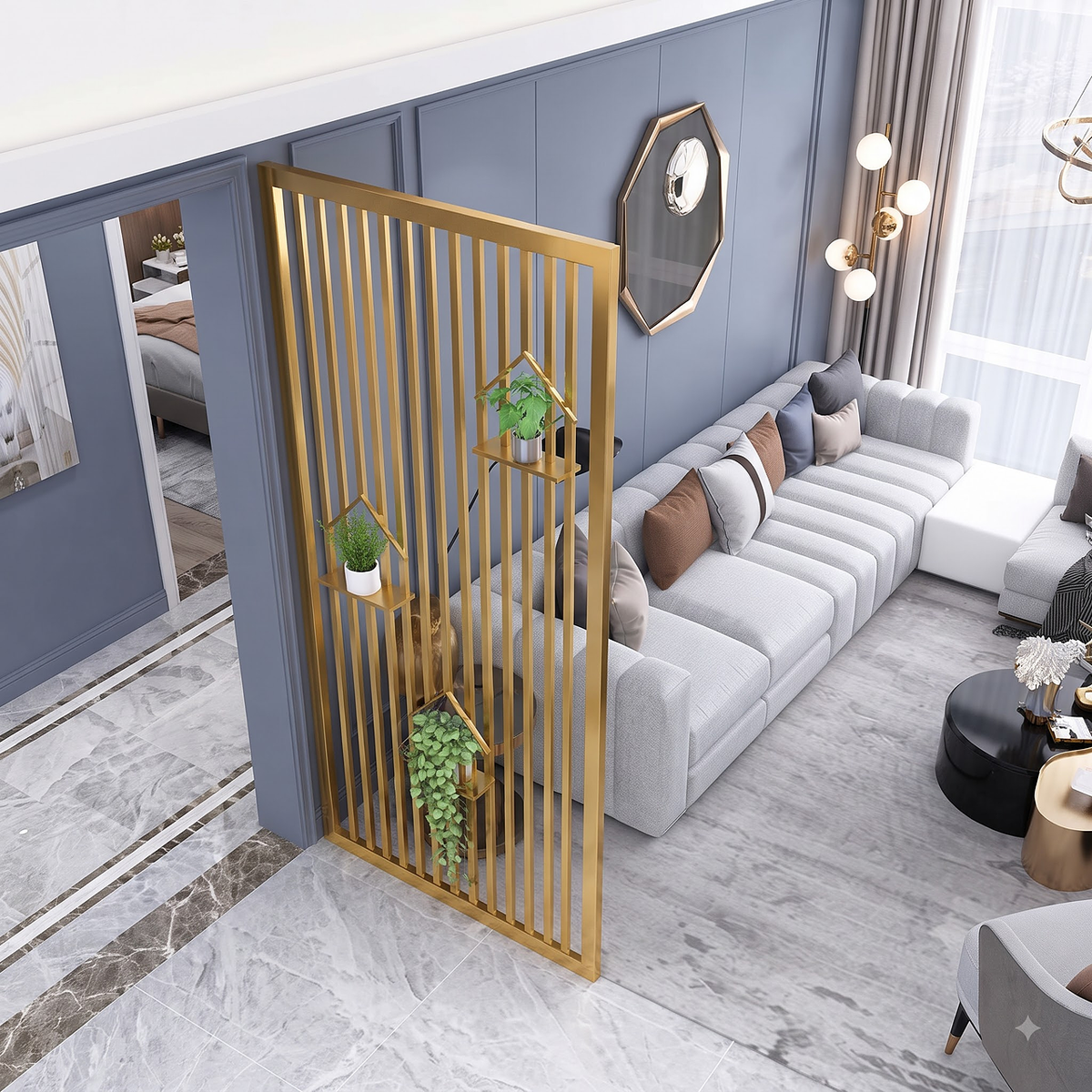 Luxury Golden Metal Room Divider with Decorative Plant Shelves – Modern Vertical Slat Partition for Living Room
