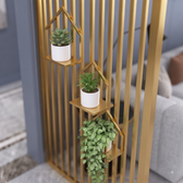 Luxury Golden Metal Room Divider with Decorative Plant Shelves – Modern Vertical Slat Partition for Living Room