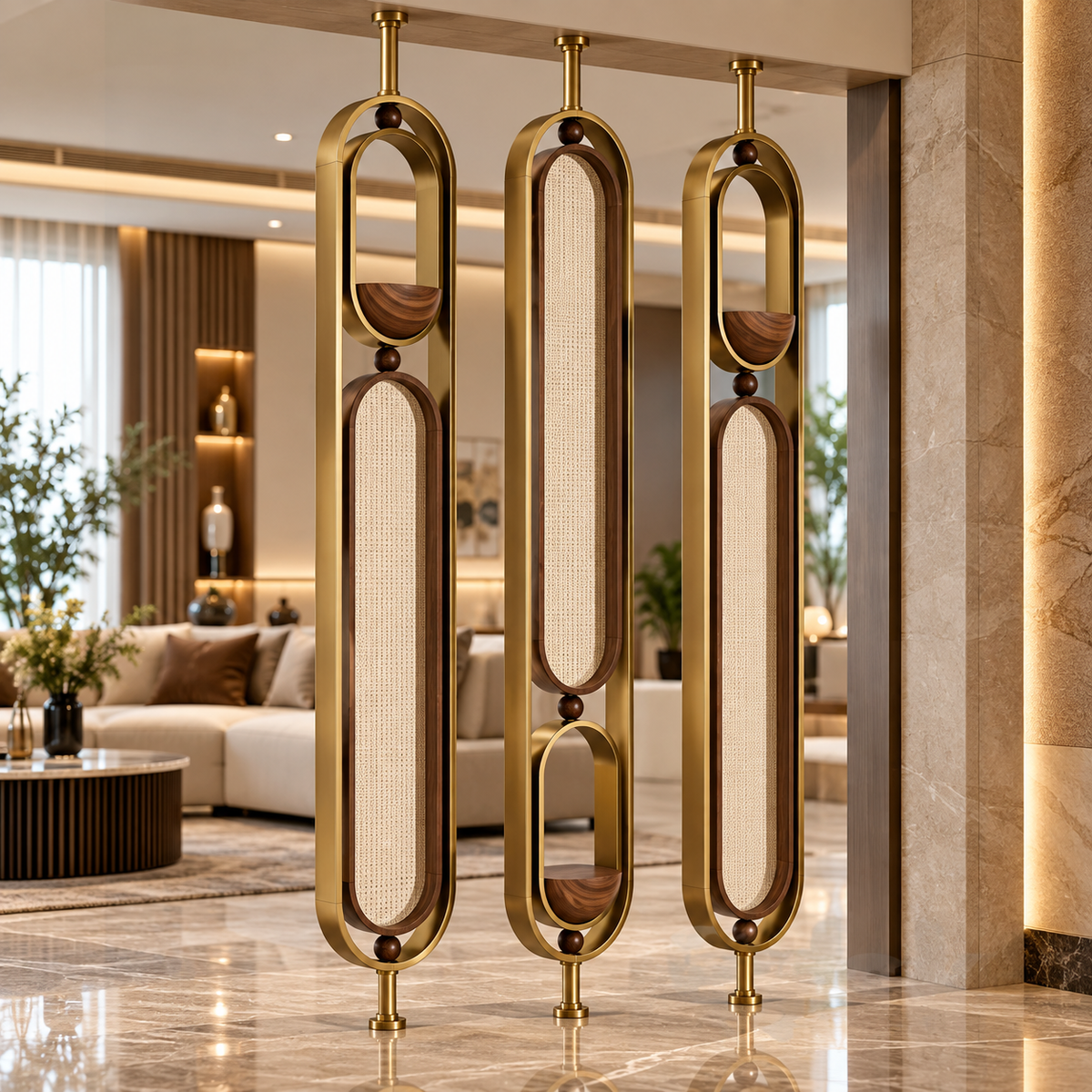 Stylish Gold & Wood Partition with Decorative Elements