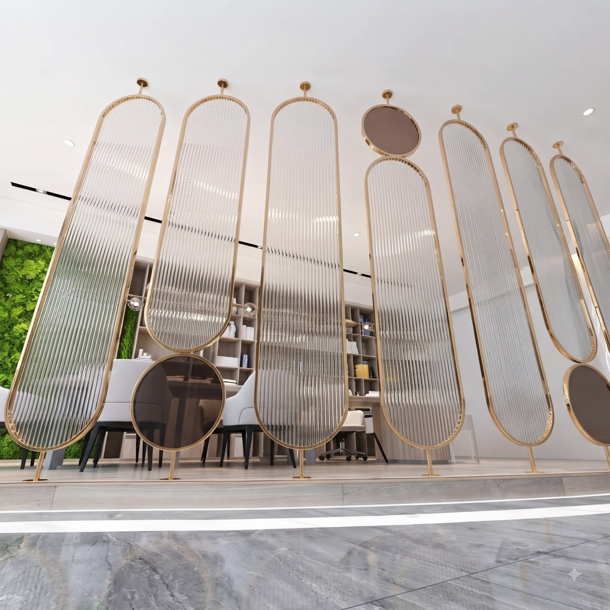 Luxury Golden Frame Room Divider with Ribbed Glass & Mirror Accents