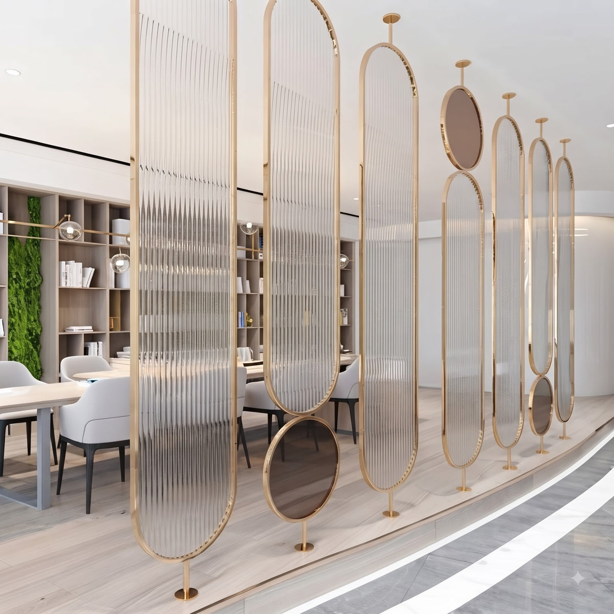 Luxury Golden Frame Room Divider with Ribbed Glass & Mirror Accents