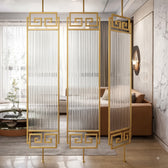 Luxury Golden Frame Geometric Room Divider with Ribbed Glass & Mirror Accents